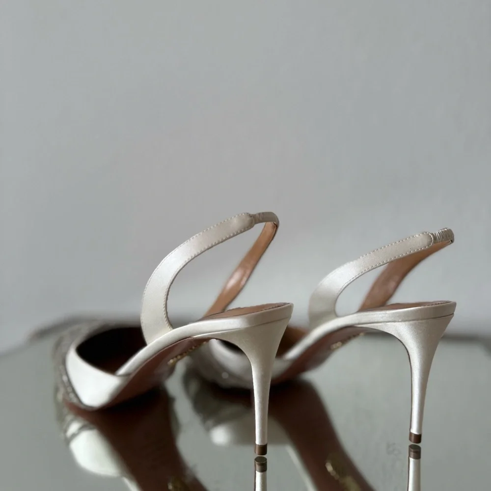 Worn once AQUAZZURA Gatsby 75 crystal-embellished satin slingback pumps - Picture 10 of 16